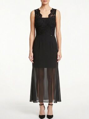 NWT Gaudi Italy Lace Chiffon Maxi Dress Black Formal Semi Sheer Sz 42